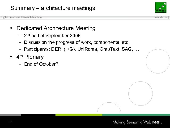 Summary – architecture meetings • Dedicated Architecture Meeting – 2 nd half of September