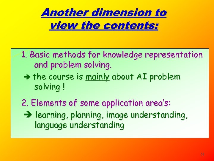 Another dimension to view the contents: 1. Basic methods for knowledge representation and problem