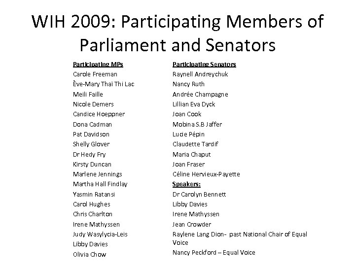 WIH 2009: Participating Members of Parliament and Senators Participating MPs Carole Freeman Ève-Mary Thaï