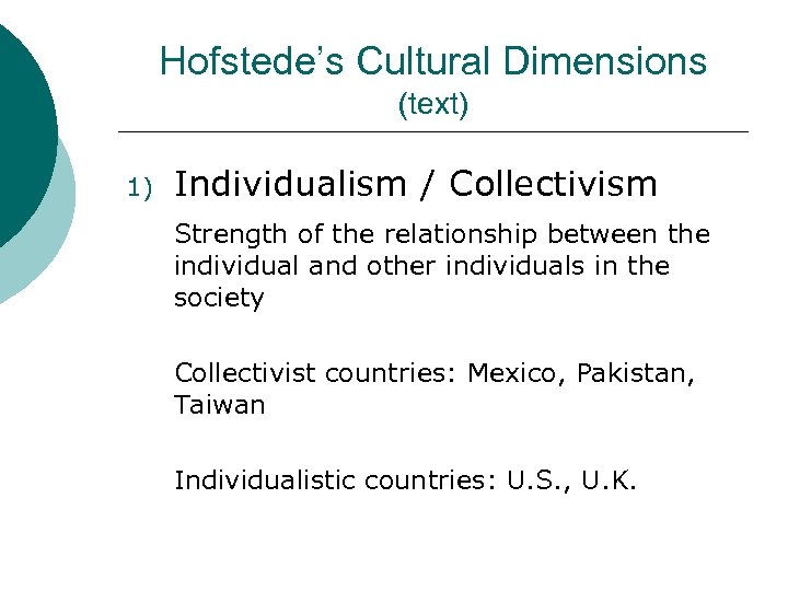 Hofstede’s Cultural Dimensions (text) 1) Individualism / Collectivism Strength of the relationship between the