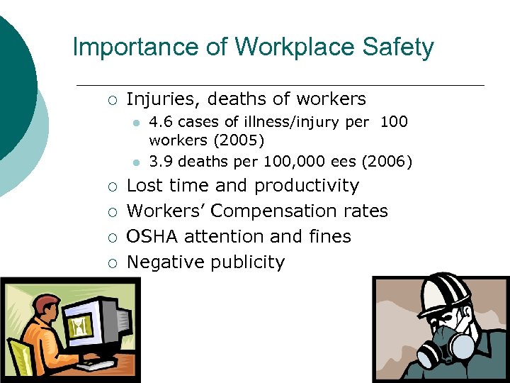 Importance of Workplace Safety ¡ Injuries, deaths of workers l l ¡ ¡ 4.