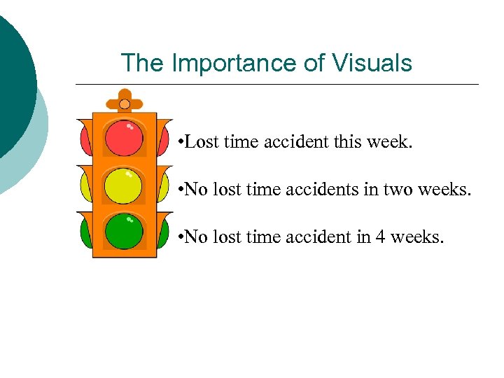 The Importance of Visuals • Lost time accident this week. • No lost time