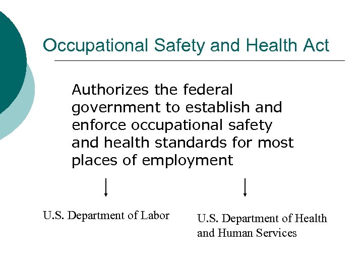 Occupational Safety and Health Act Authorizes the federal government to establish and enforce occupational