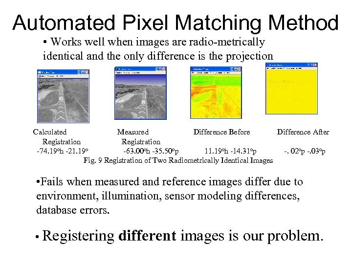 Automated Pixel Matching Method • Works well when images are radio-metrically identical and the