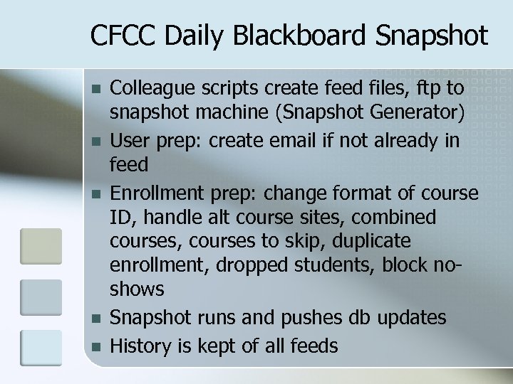 CFCC Daily Blackboard Snapshot n n n Colleague scripts create feed files, ftp to