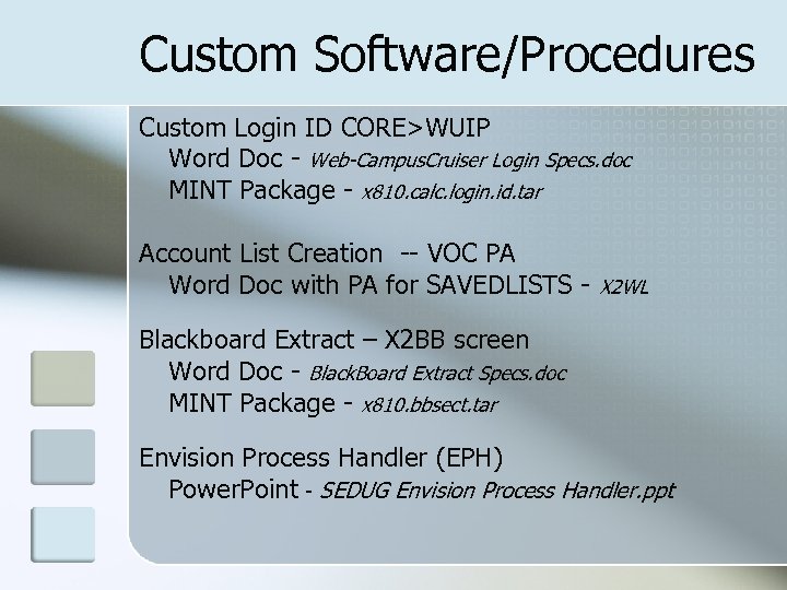 Custom Software/Procedures Custom Login ID CORE>WUIP Word Doc - Web-Campus. Cruiser Login Specs. doc