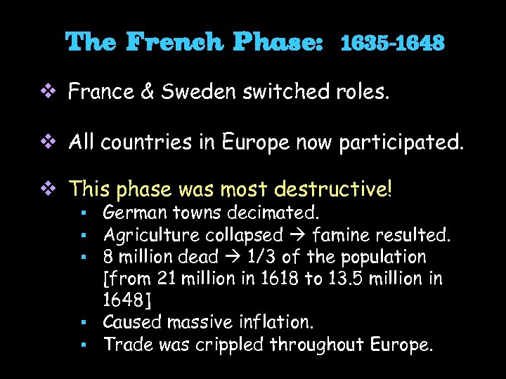 The French Phase: 1635 -1648 v France & Sweden switched roles. v All countries