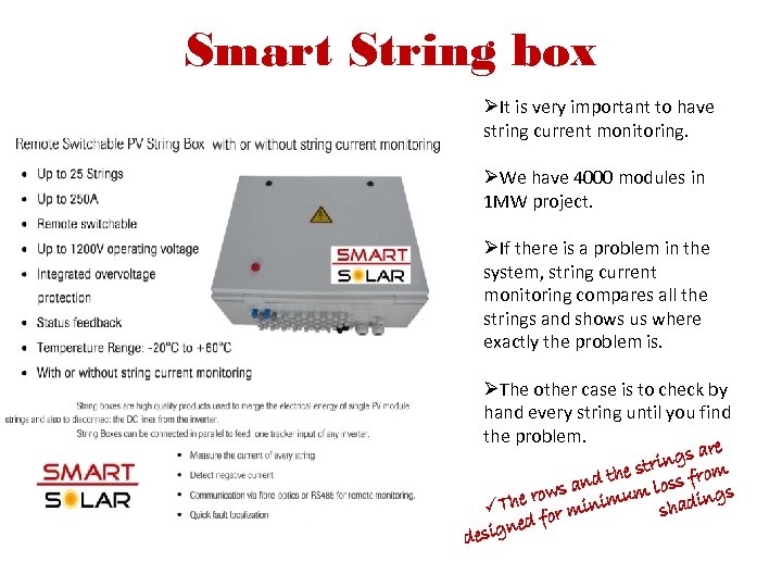 Smart String box ØIt is very important to have string current monitoring. ØWe have