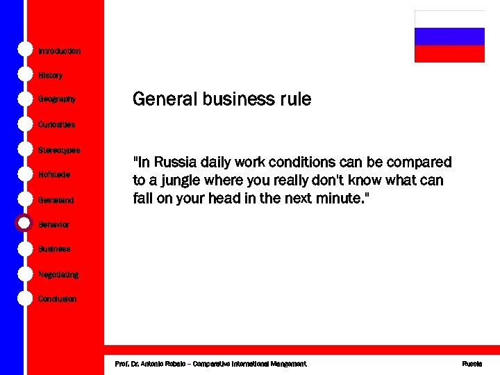 Introduction History Geography General business rule Curiosities Stereotypes Hofstede Gesteland "In Russia daily work