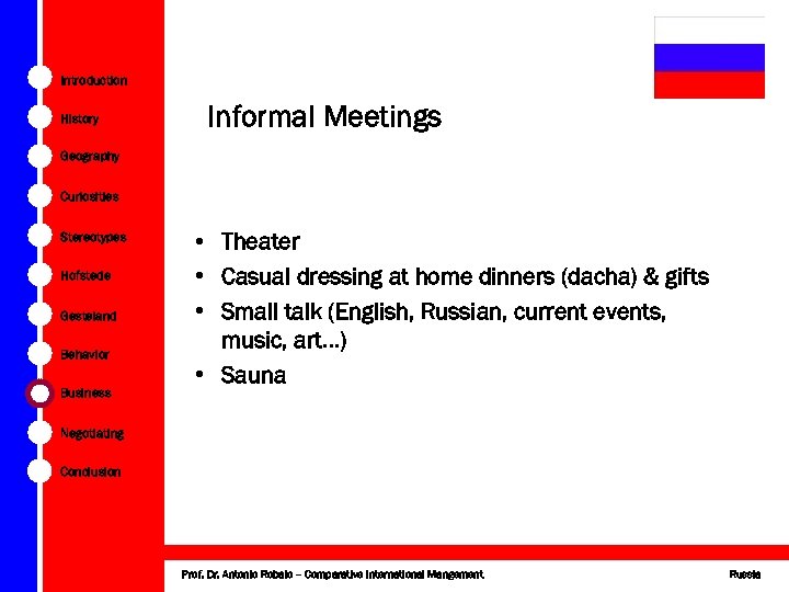 Introduction History Informal Meetings Geography Curiosities Stereotypes Hofstede Gesteland Behavior Business • Theater •