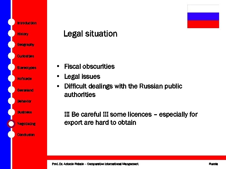 Introduction History Legal situation Geography Curiosities Stereotypes Hofstede Gesteland • Fiscal obscurities • Legal