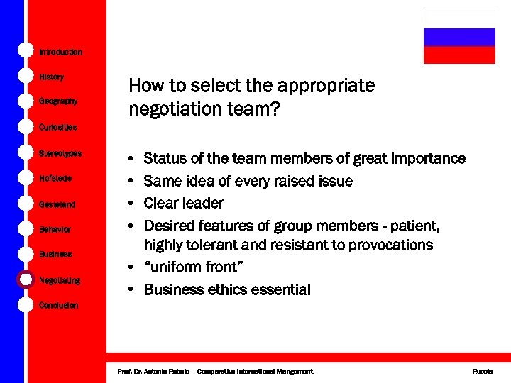 Introduction History Geography How to select the appropriate negotiation team? Curiosities Stereotypes Hofstede Gesteland