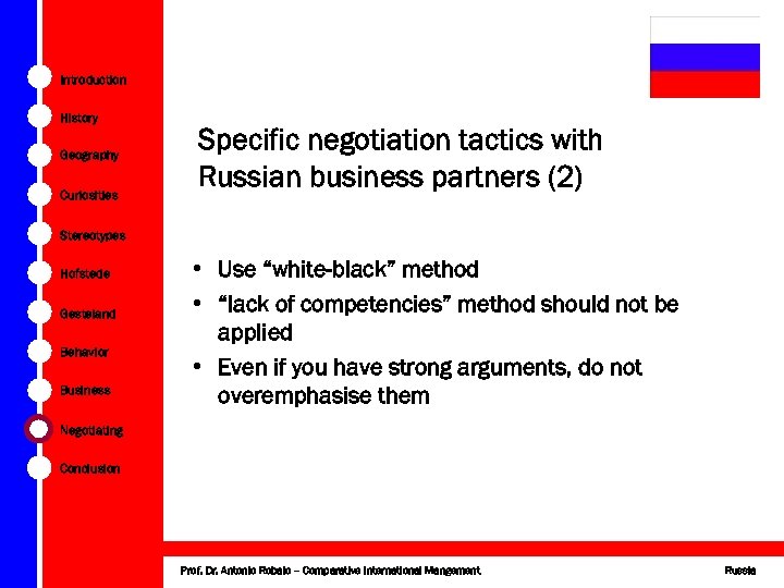 Introduction History Geography Curiosities Specific negotiation tactics with Russian business partners (2) Stereotypes Hofstede