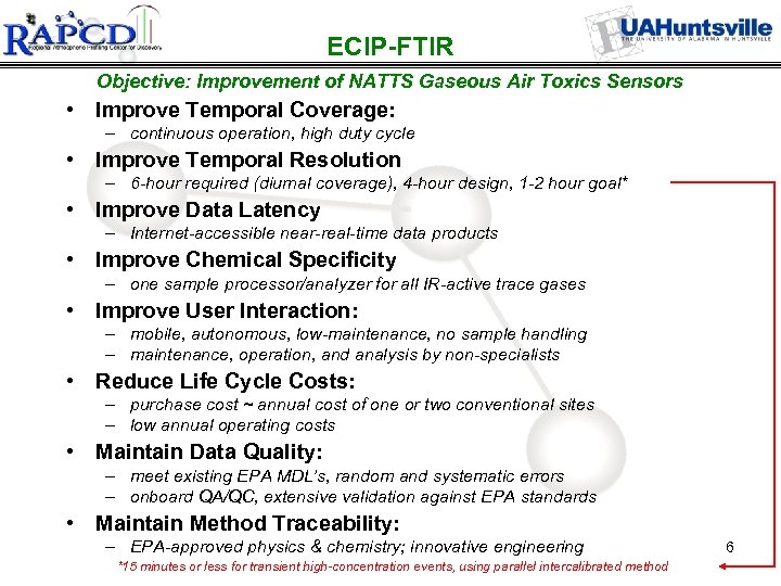 ECIP-FTIR Objective: Improvement of NATTS Gaseous Air Toxics Sensors • Improve Temporal Coverage: –