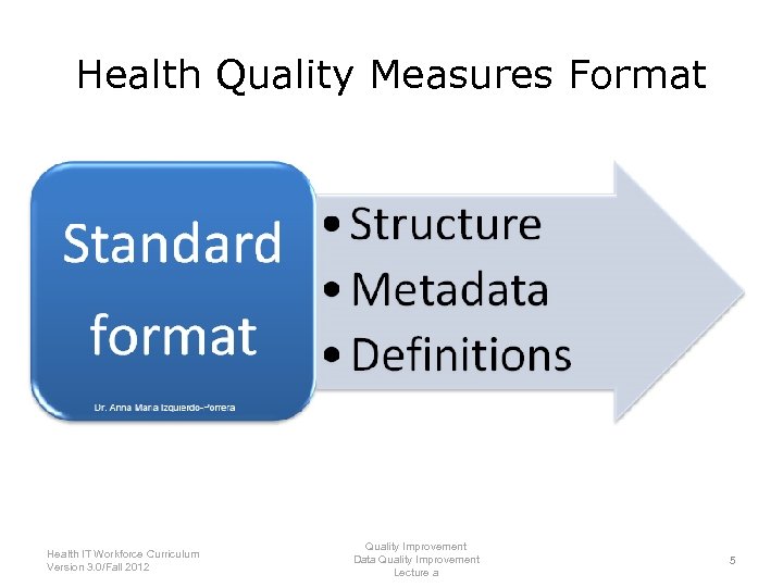 Health Quality Measures Format • Support MU as described by the American Recovery and