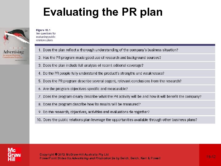 Evaluating the PR plan Copyright 2012 Mc. Graw-Hill Australia Pty Ltd Power. Point Slides