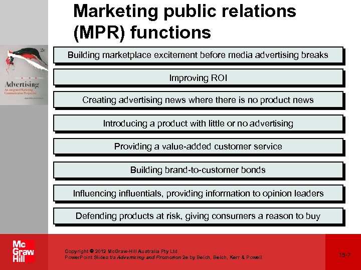Marketing public relations (MPR) functions Building marketplace excitement before media advertising breaks Improving ROI