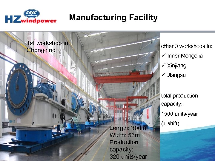 Manufacturing Facility 1 st workshop in Chongqing other 3 workshops in: ü Inner Mongolia