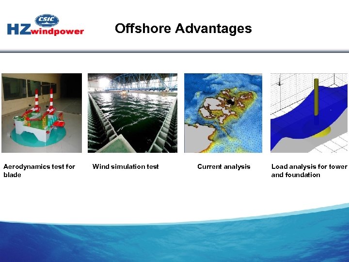 Offshore Advantages Aerodynamics test for blade Wind simulation test Current analysis Load analysis for