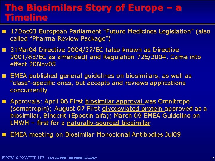 The Biosimilars Story of Europe – a Timeline n 17 Dec 03 European Parliament