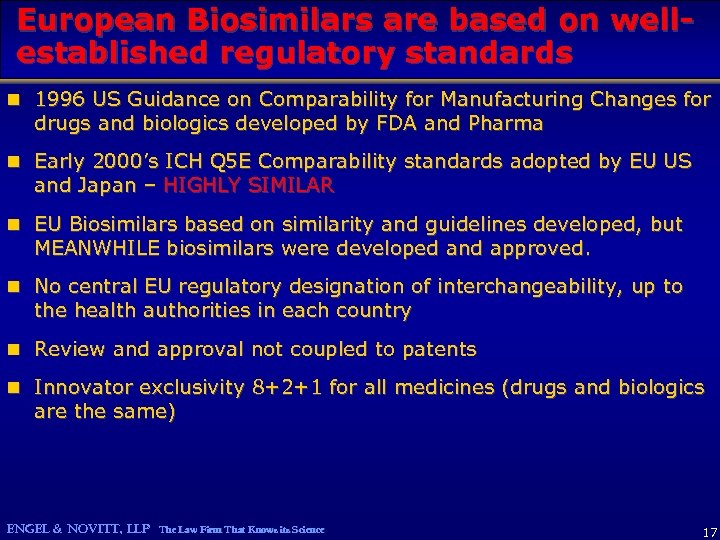 European Biosimilars are based on wellestablished regulatory standards n 1996 US Guidance on Comparability