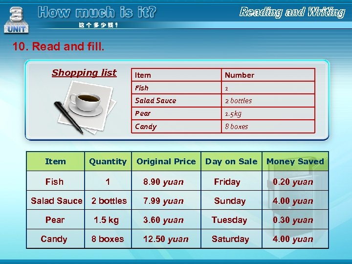 10. Read and fill. Shopping list Salad Sauce 2 bottles 1. 5 kg Candy