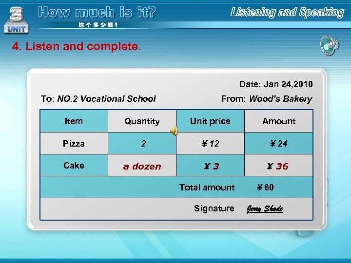 4. Listen and complete. Date: Jan 24, 2010 To: NO. 2 Vocational School From: