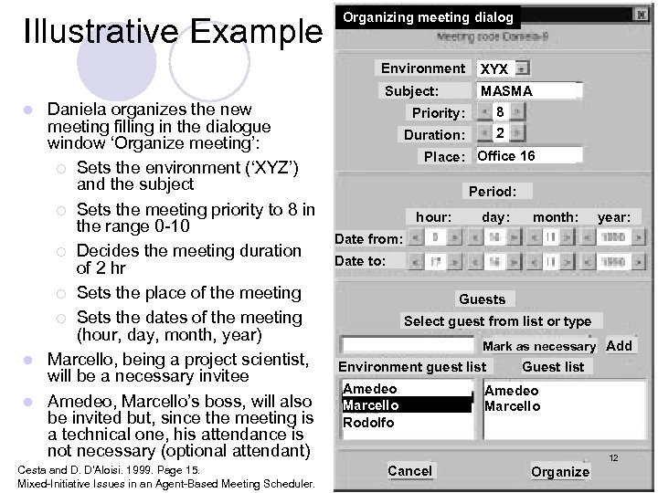 Organizing meeting dialog Illustrative Example (cont) Environment Subject: Daniela organizes the new meeting filling