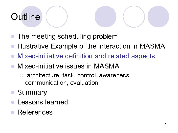 Outline The meeting scheduling problem l Illustrative Example of the interaction in MASMA l