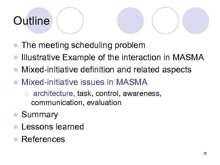 Outline The meeting scheduling problem l Illustrative Example of the interaction in MASMA l