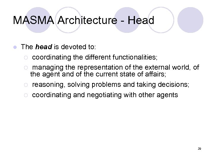 MASMA Architecture - Head l The head is devoted to: ¡ coordinating the different