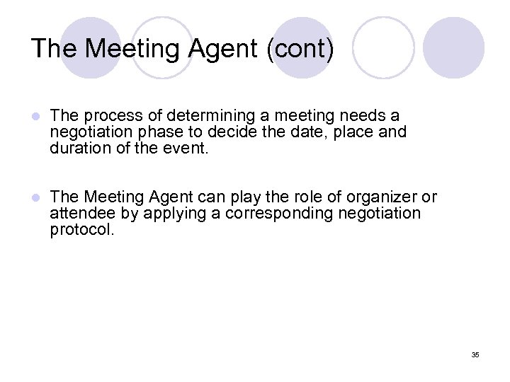 The Meeting Agent (cont) l The process of determining a meeting needs a negotiation
