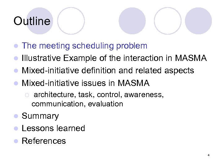 Outline The meeting scheduling problem l Illustrative Example of the interaction in MASMA l
