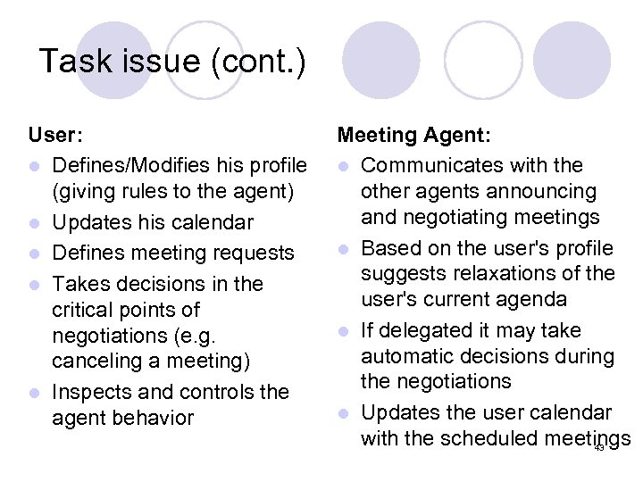 Task issue (cont. ) User: l Defines/Modifies his profile (giving rules to the agent)