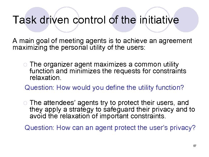 Task driven control of the initiative A main goal of meeting agents is to