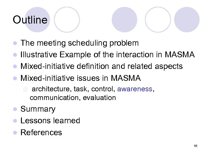 Outline The meeting scheduling problem l Illustrative Example of the interaction in MASMA l