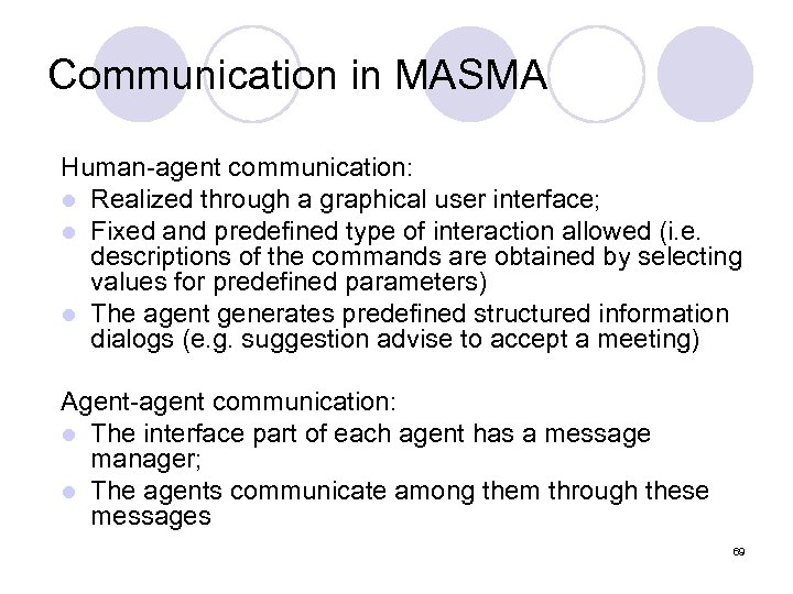Communication in MASMA Human-agent communication: l Realized through a graphical user interface; l Fixed