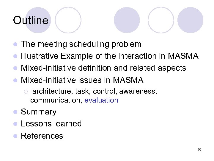 Outline The meeting scheduling problem l Illustrative Example of the interaction in MASMA l