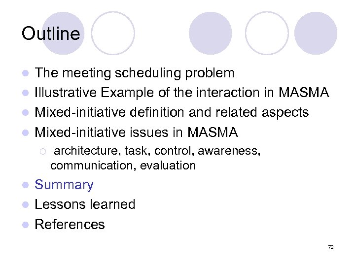 Outline The meeting scheduling problem l Illustrative Example of the interaction in MASMA l