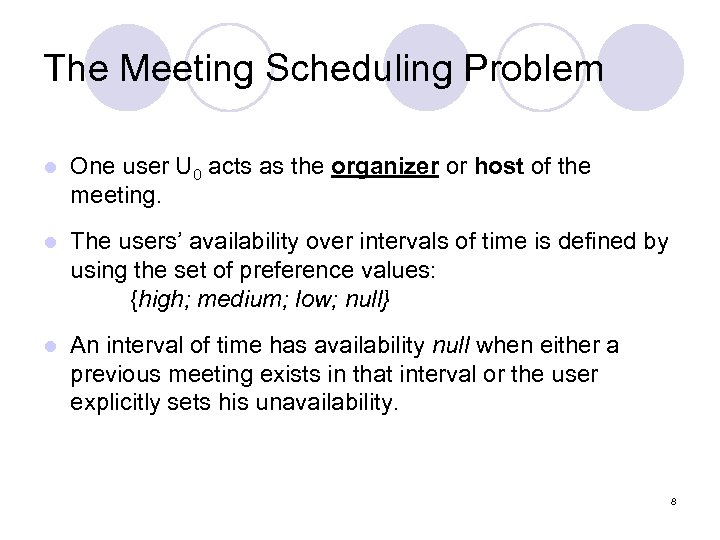 The Meeting Scheduling Problem l One user U 0 acts as the organizer or