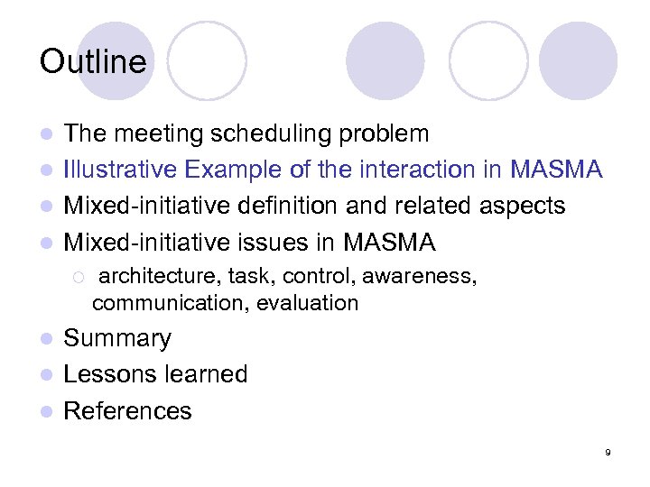 Outline The meeting scheduling problem l Illustrative Example of the interaction in MASMA l