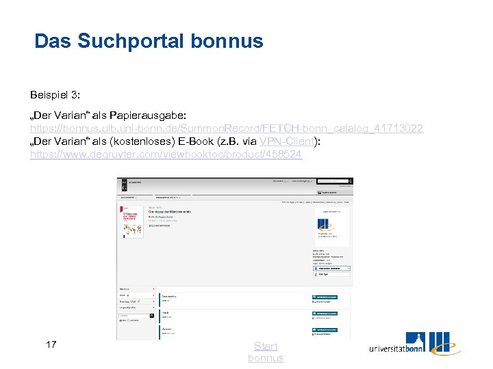 Das Suchportal bonnus Beispiel 3: „Der Varian“ als Papierausgabe: https: //bonnus. ulb. uni-bonn. de/Summon.