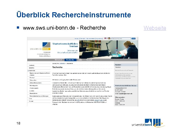 Überblick Rechercheinstrumente www. sws. uni-bonn. de - Recherche 18 Webseite 