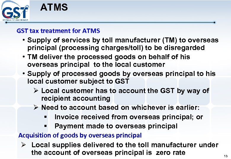 ATMS GST tax treatment for ATMS • Supply of services by toll manufacturer (TM)