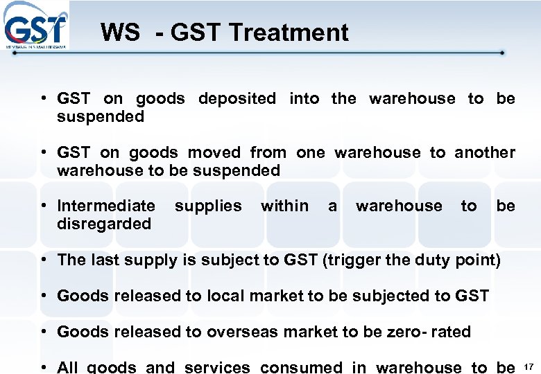 WS - GST Treatment • GST on goods deposited into the warehouse to be