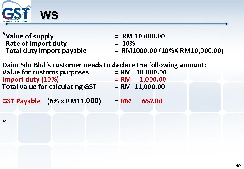 WS *Value of supply Rate of import duty Total duty import payable = RM