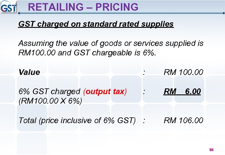 RETAILING – PRICING GST charged on standard rated supplies Assuming the value of goods