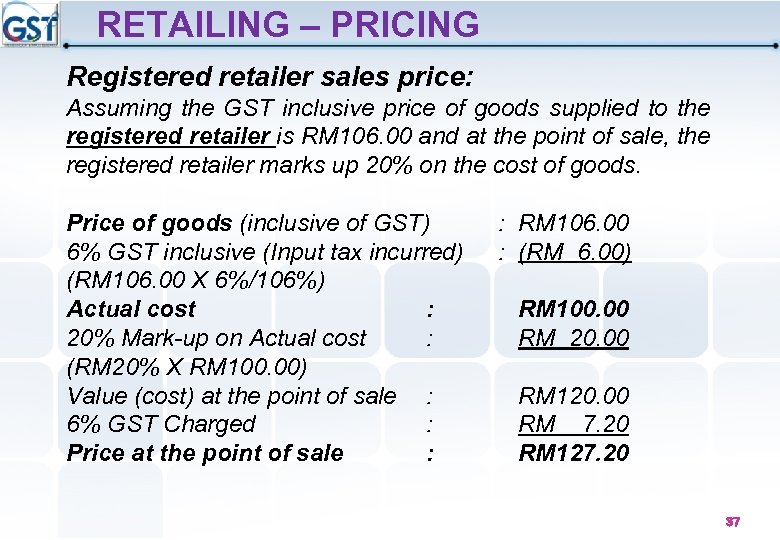 RETAILING – PRICING Registered retailer sales price: Assuming the GST inclusive price of goods