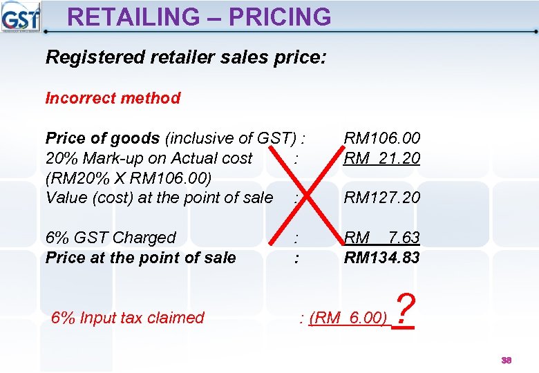 RETAILING – PRICING Registered retailer sales price: Incorrect method Price of goods (inclusive of