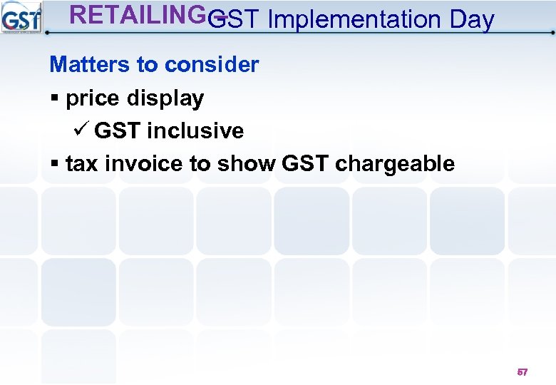 RETAILINGGST Implementation Day – Matters to consider § price display GST inclusive § tax